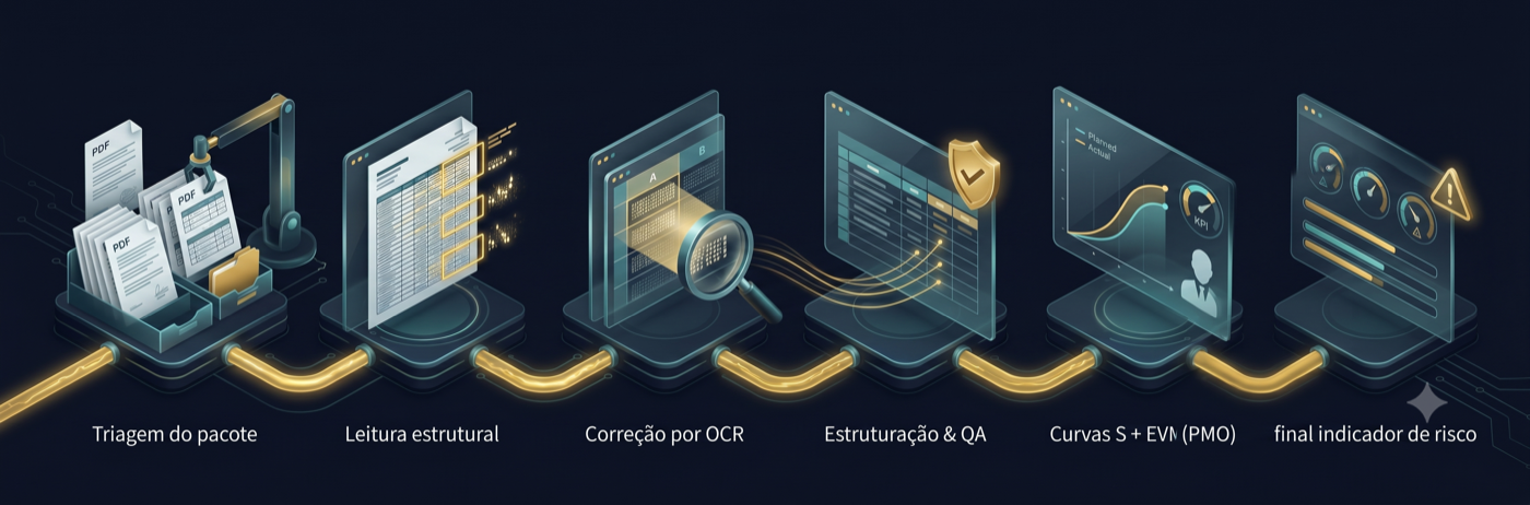 Pipeline de 6 etapas, do PDF da licitação ao indicador de risco